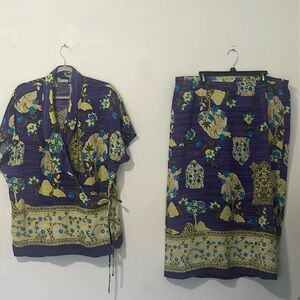 Wraparound top with matching skirt.  Multicolor, purple, turquoise, yellow beige